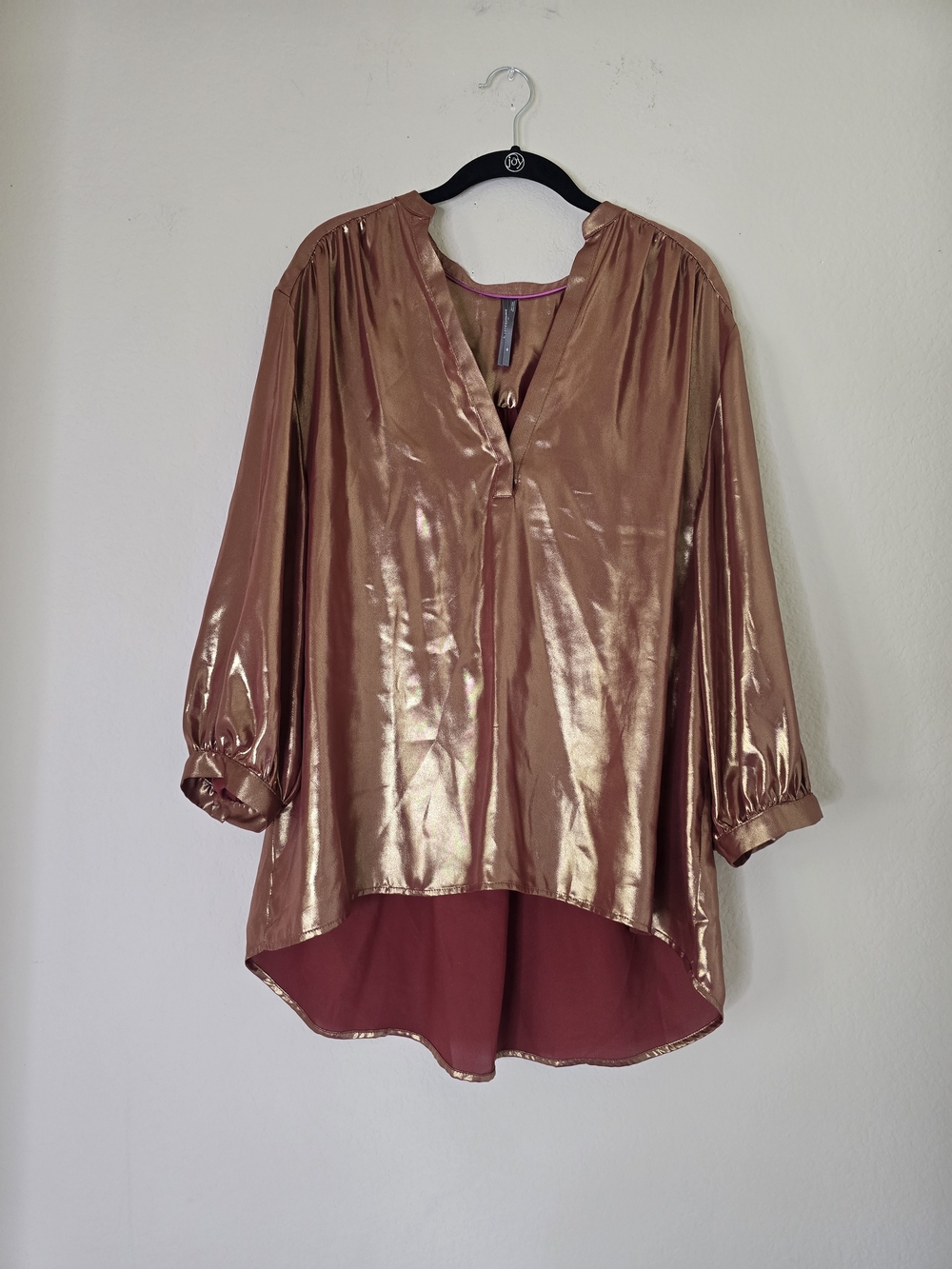 By Anthropologie Metallic Foil Bronze V-Neck Balloon Sleeve Blouse Sz XL HighLow
